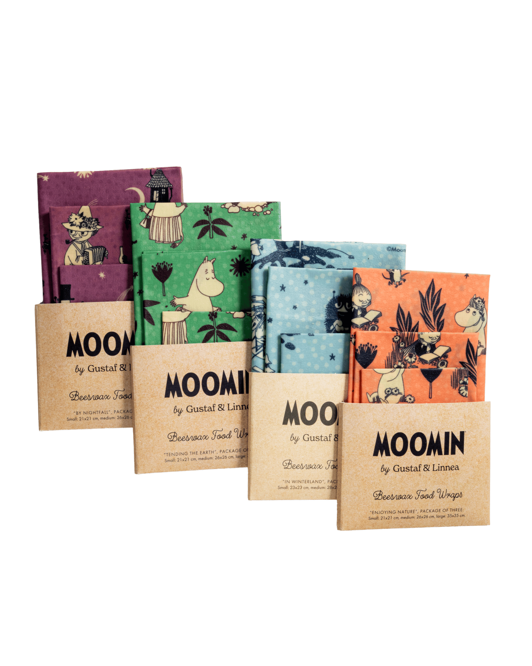 Ett paket med 4 olika set bivaxdukar med mumin motiv