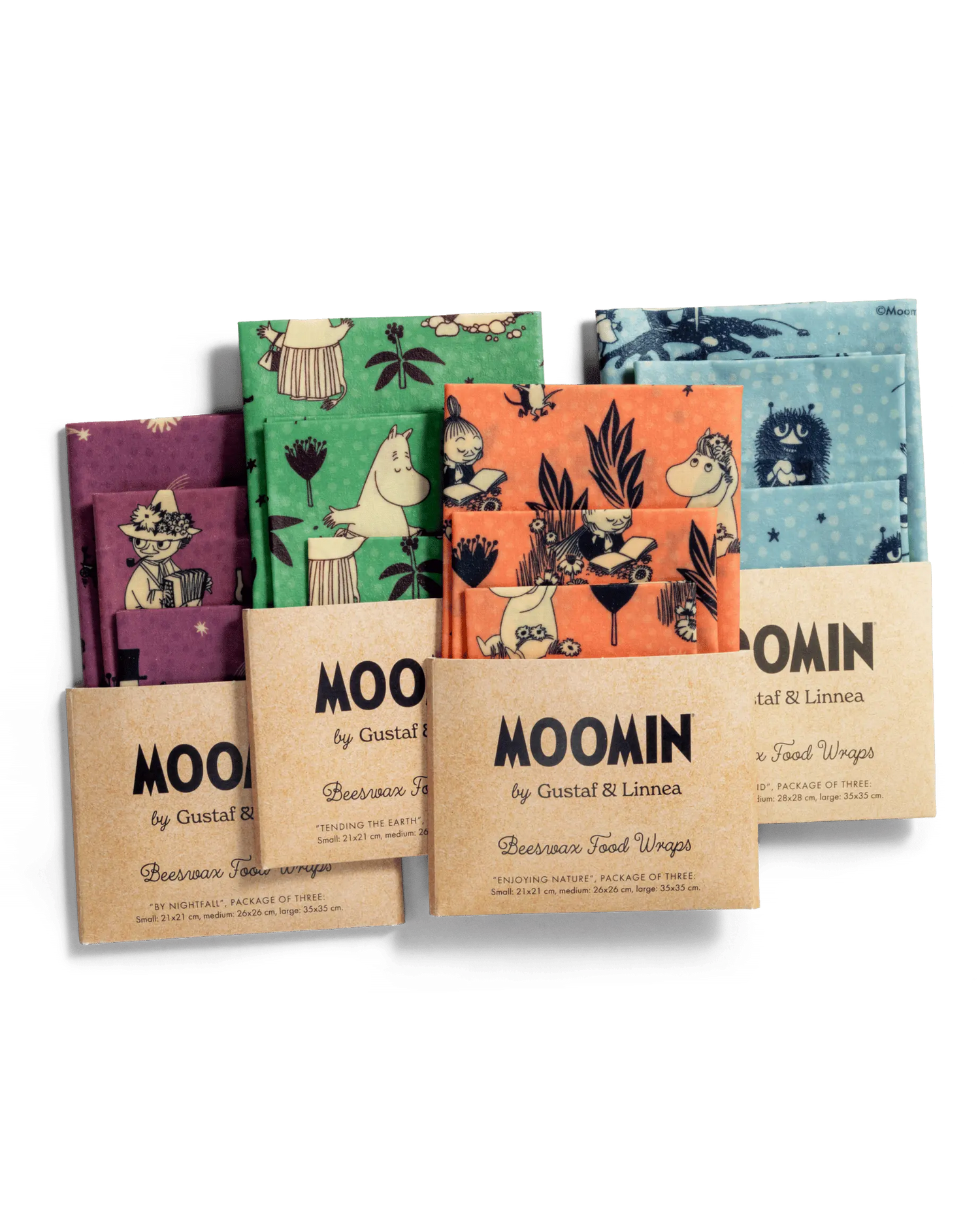 En pakke med 4 forskjellige sett bivoksark med Mummi motiv. Pakkene er innpakket