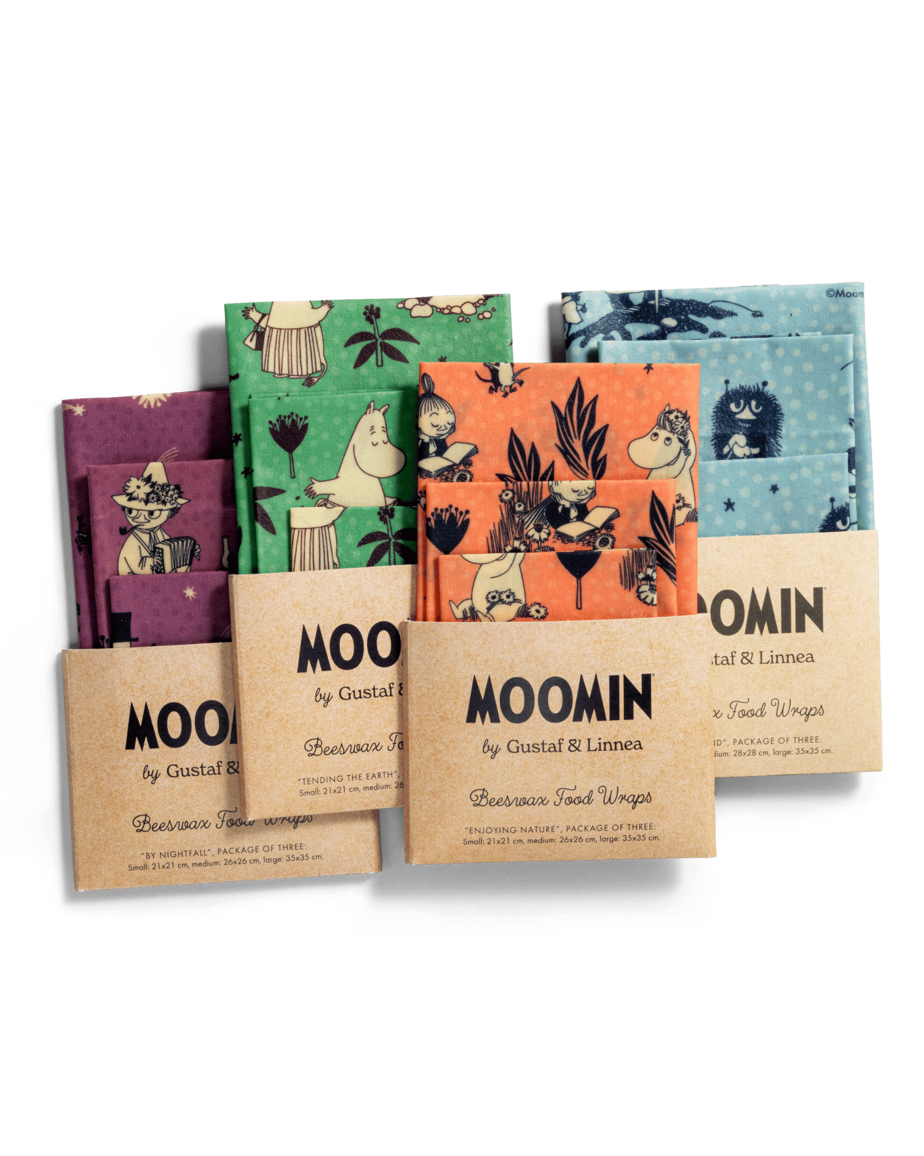 Ett paket med 4 olika set bivaxdukar med mumin motiv. Paketen ligger omlott