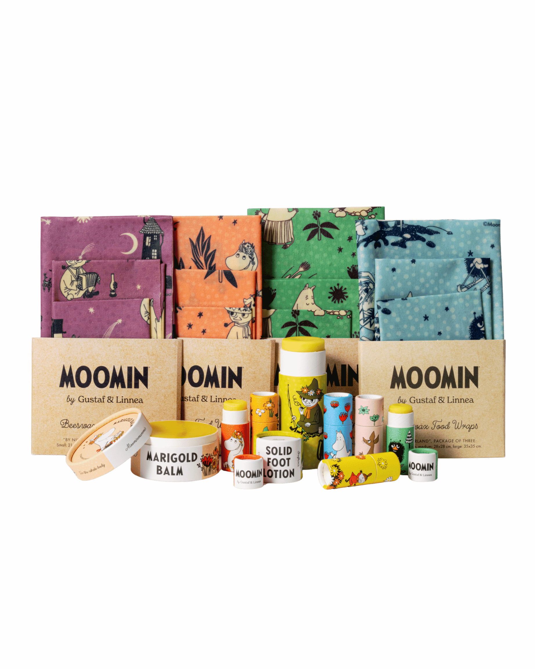 Ett paket med alla Gustaf och Linneas mumin produkter. Innehåller läppcerat, bivaxdukar och hudvård.