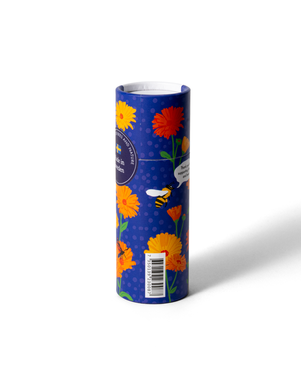 Kroppsstift i plastfri förpackning med ringblommor, baksida