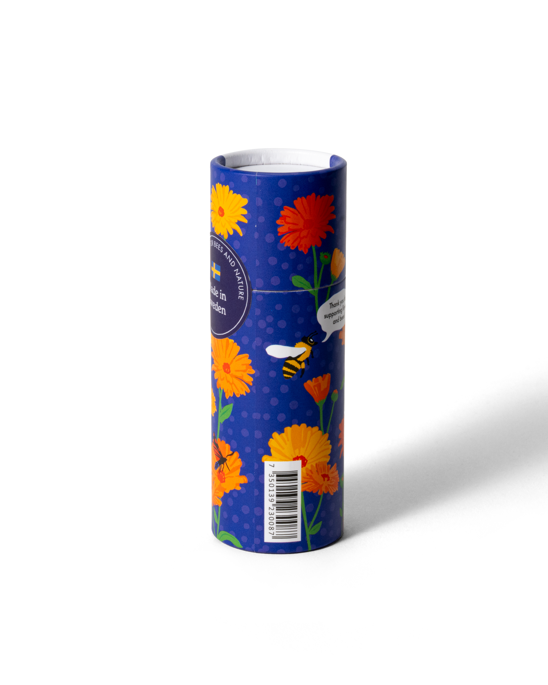 Kroppsstift i plastfri förpackning med ringblommor, baksida