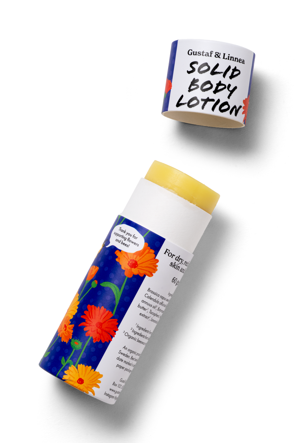 Kroppsstift från Gustaf & Linnea, plastfri hudvård med ringblommotiv