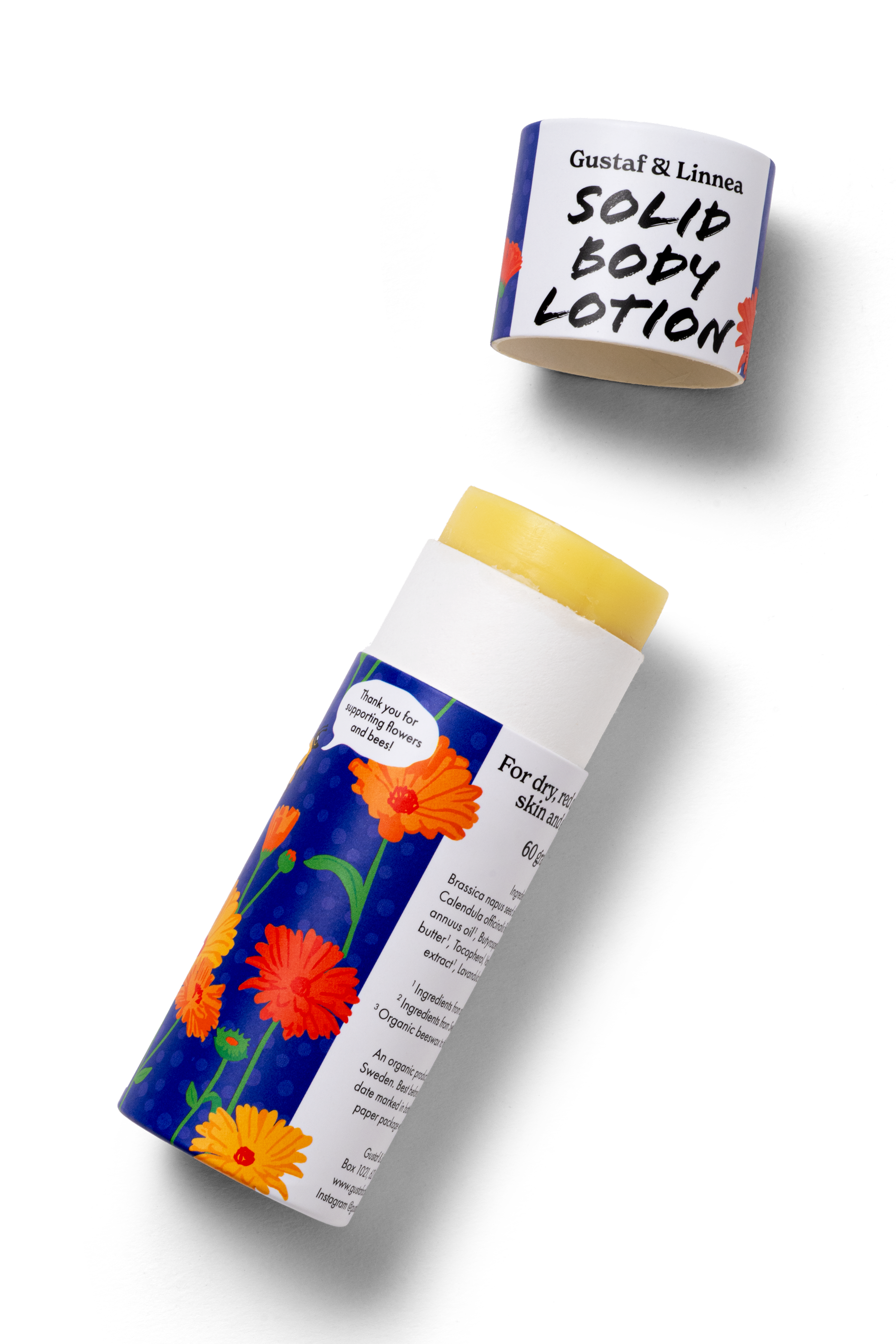 Kroppsstift från Gustaf & Linnea, plastfri hudvård med ringblommotiv