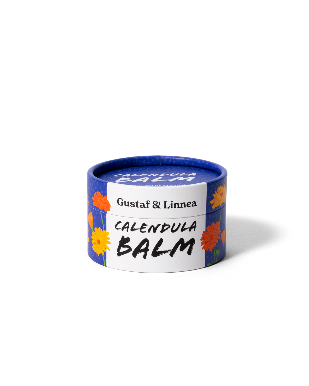 Ringblomssalva i rund burk med blommönster, tillverkad av Gustaf & Linnea.