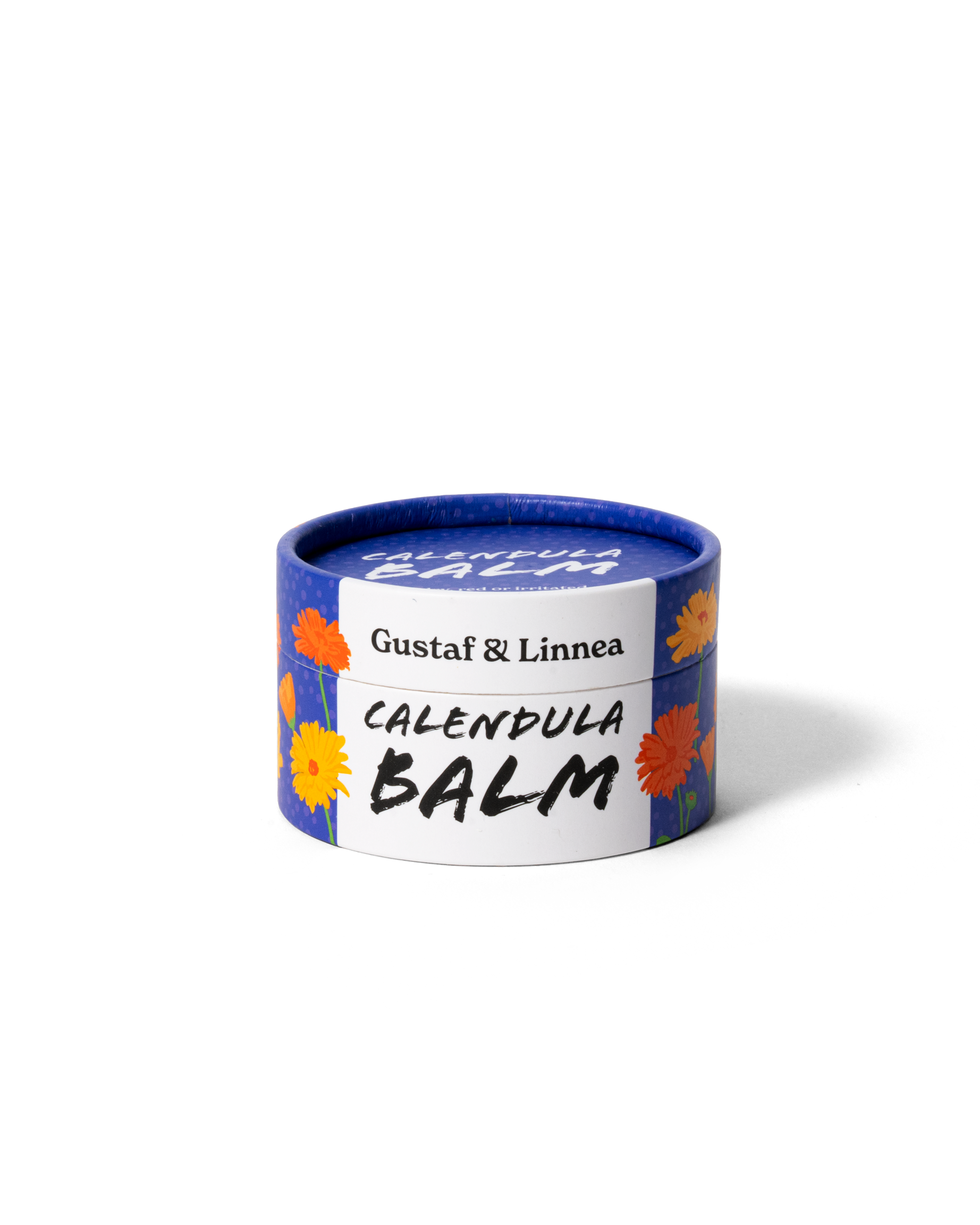 Ringblomssalva i rund burk med blommönster, tillverkad av Gustaf & Linnea.