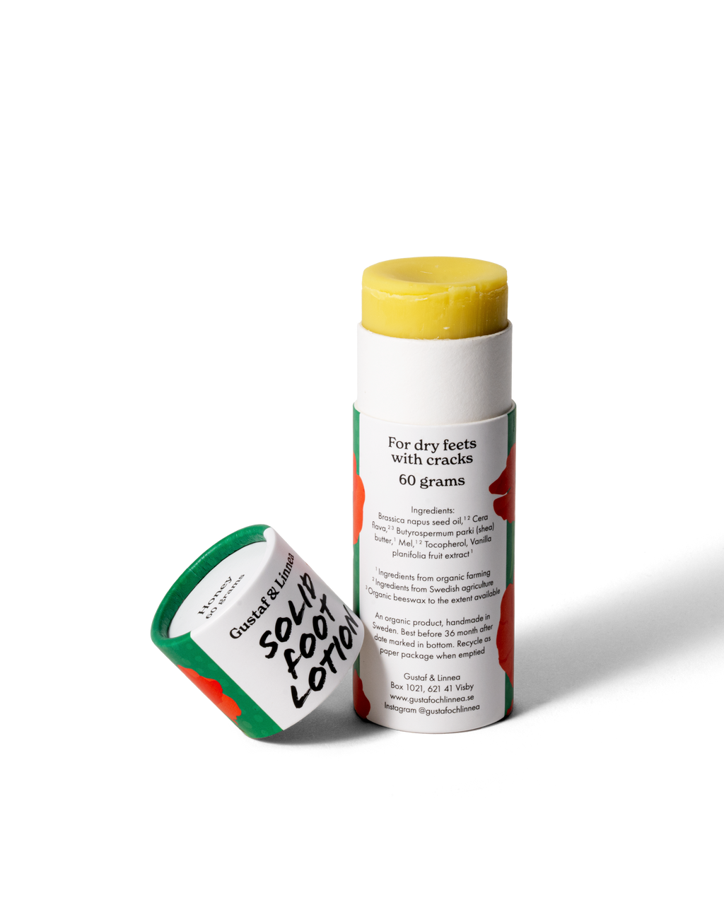 Fotstift med avtaget lock, ekologiskt och plastfritt.