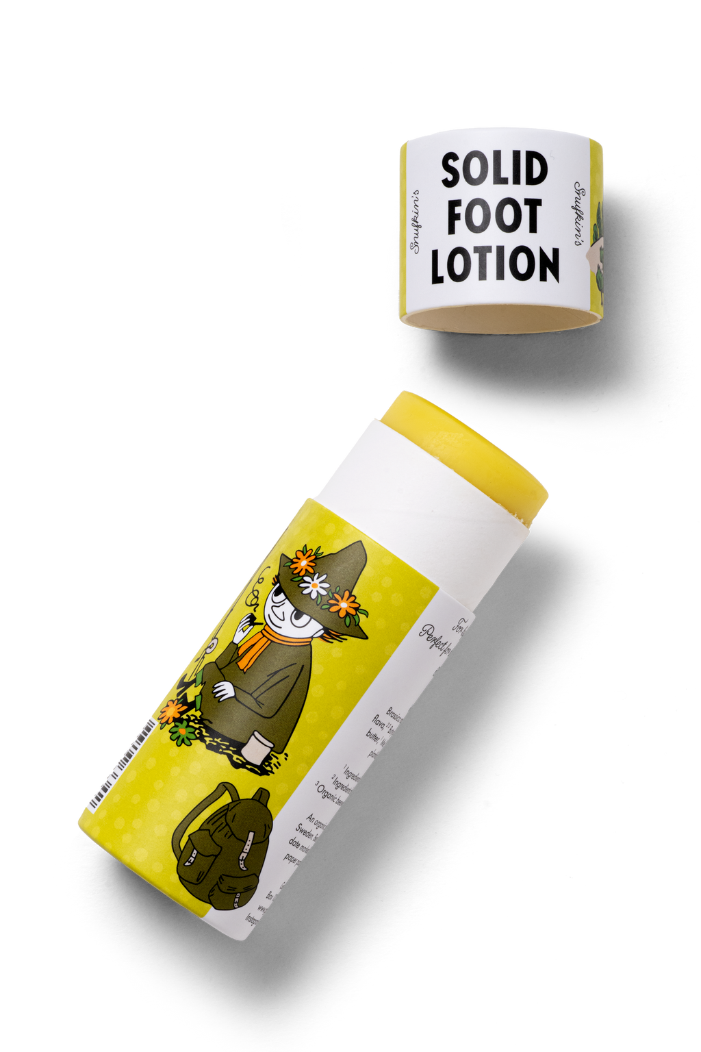 Detaljbild av Mumin fotstift med Snusmumriken och pappershylsa.