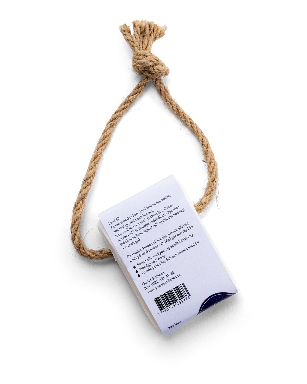 Handgjord gotlandstvål med upphängningsband, mild och vårdande.