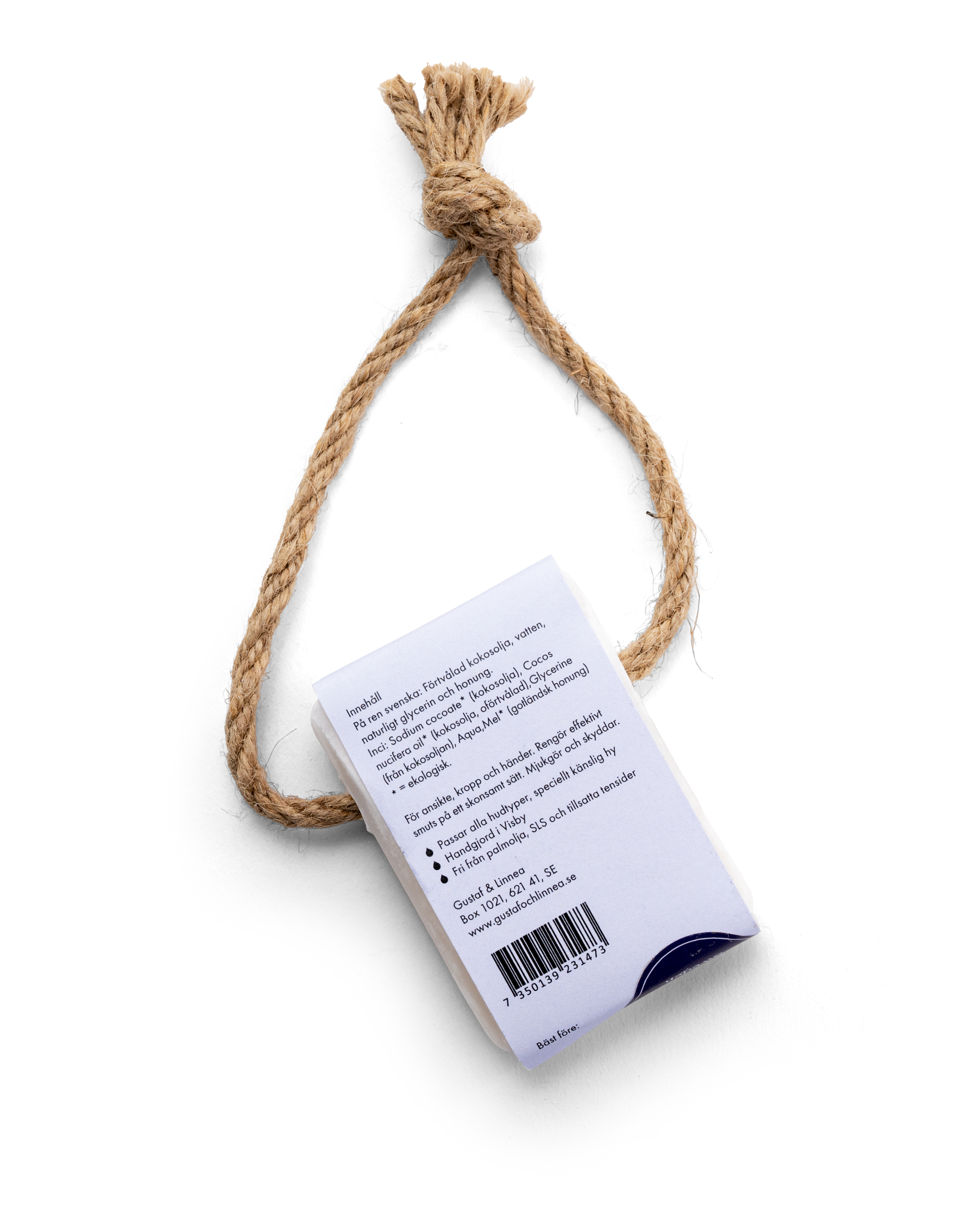Handgjord gotlandstvål med upphängningsband, mild och vårdande.