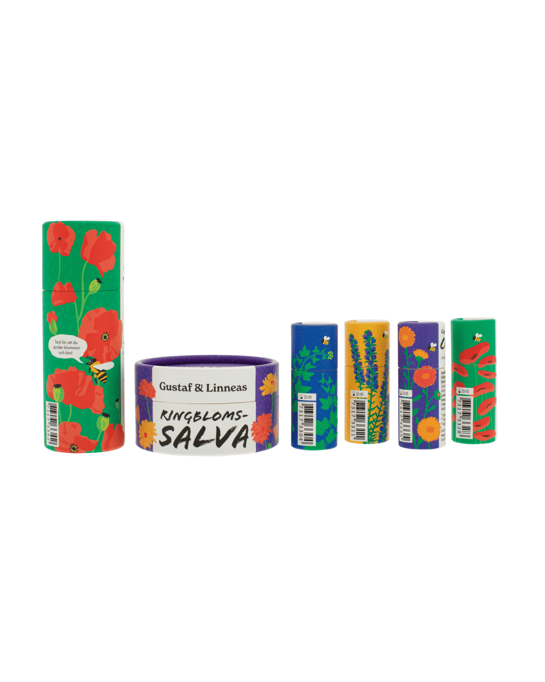 Gustaf & Linneas hudvårdskit med fotstift, ringblomssalva och fyra läppcerat.