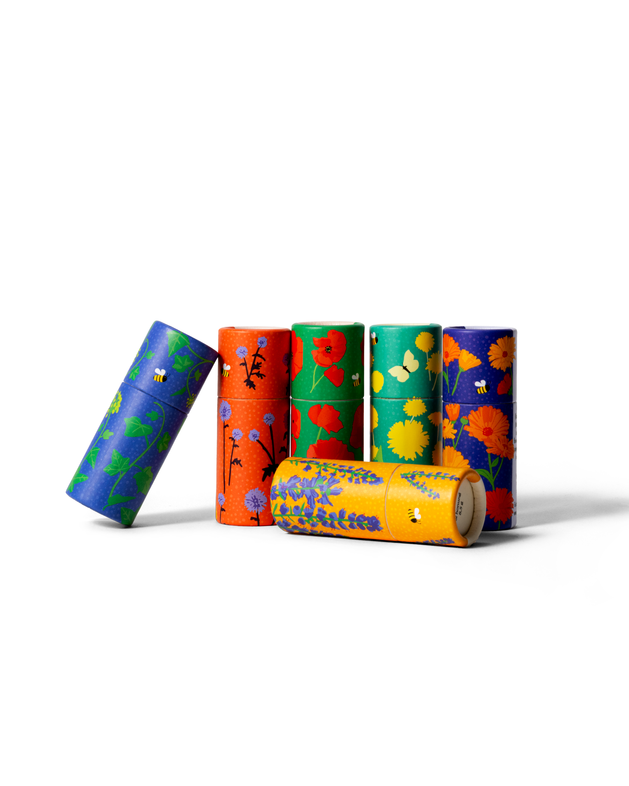 Collection of handmade lip balm Gustaf & Linnea with various floral motifs