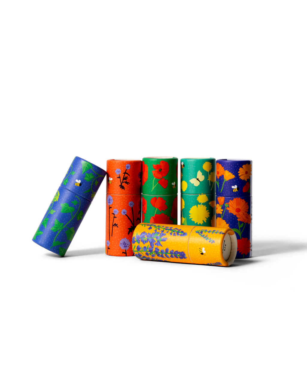 Collection of handmade lip balm Gustaf & Linnea with various floral motifs