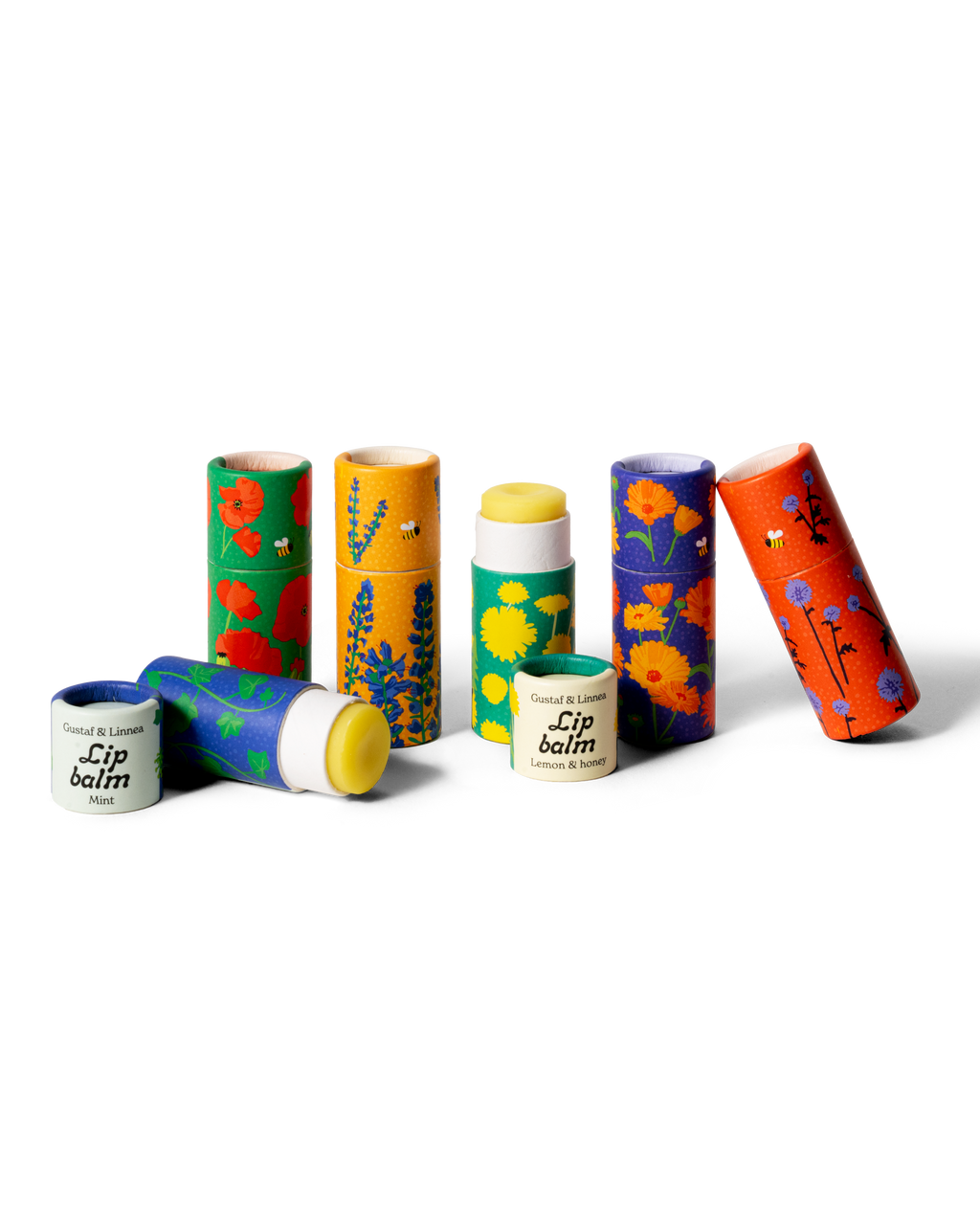 Handmade lip balm floral motifs in different colors and varieties from Gustaf & Linnea