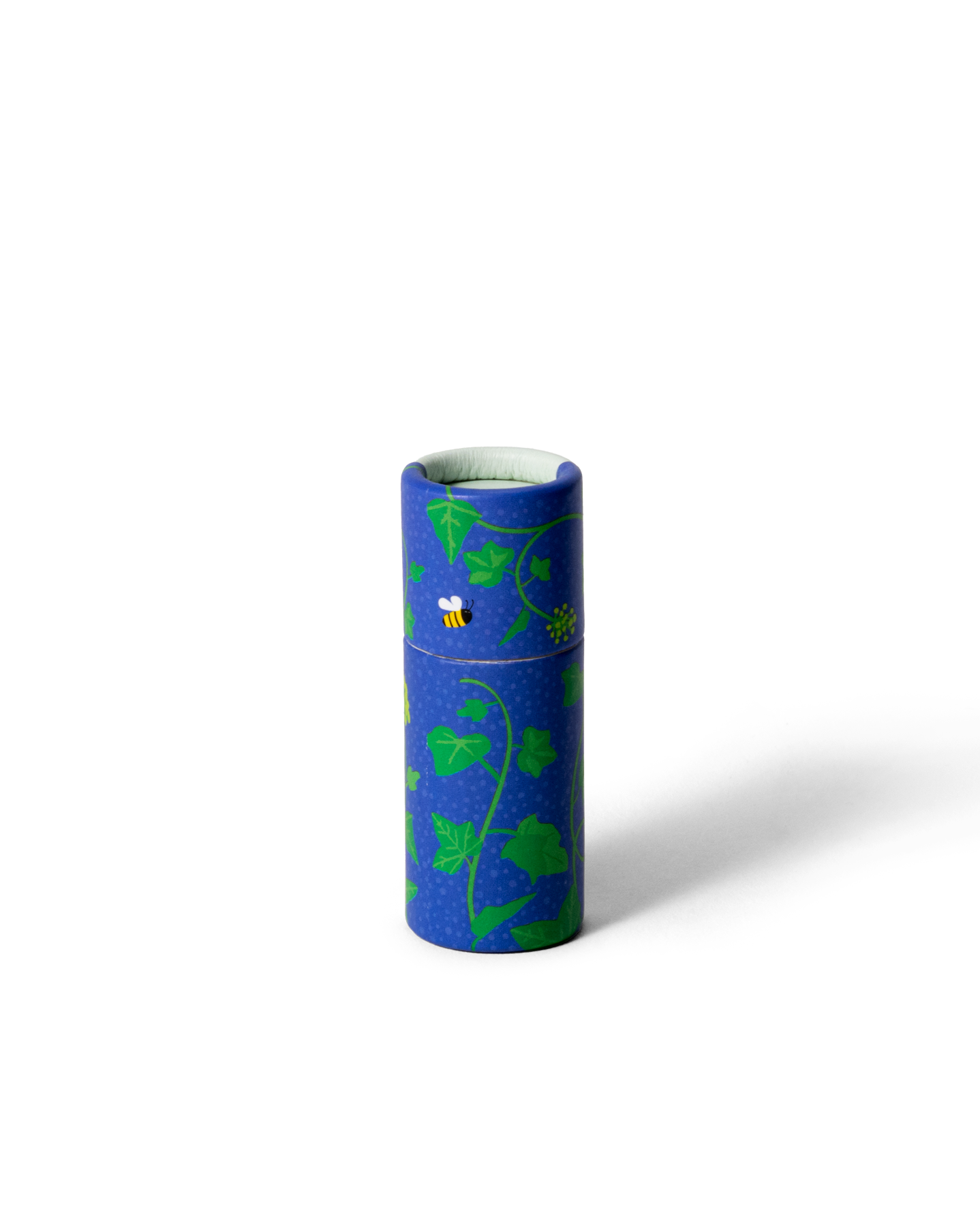 Handgjort läppcerat med murgrönemotiv i blått och grönt.