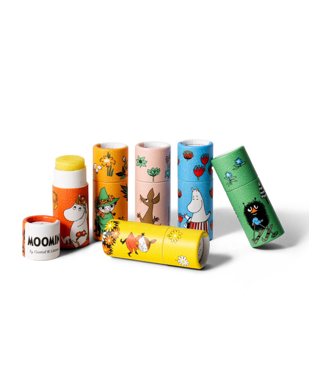 Samling av Mummi - leppepomade fra Gustaf & Linnea med forskjellige farger og motiver.