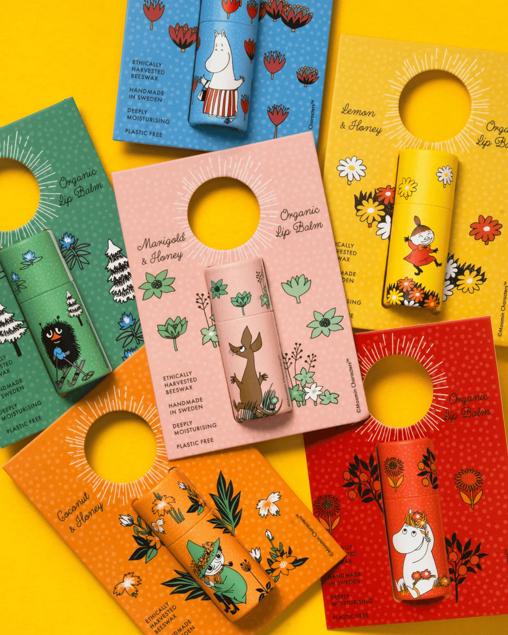 6 lip balm  Moomin on a yellow background.