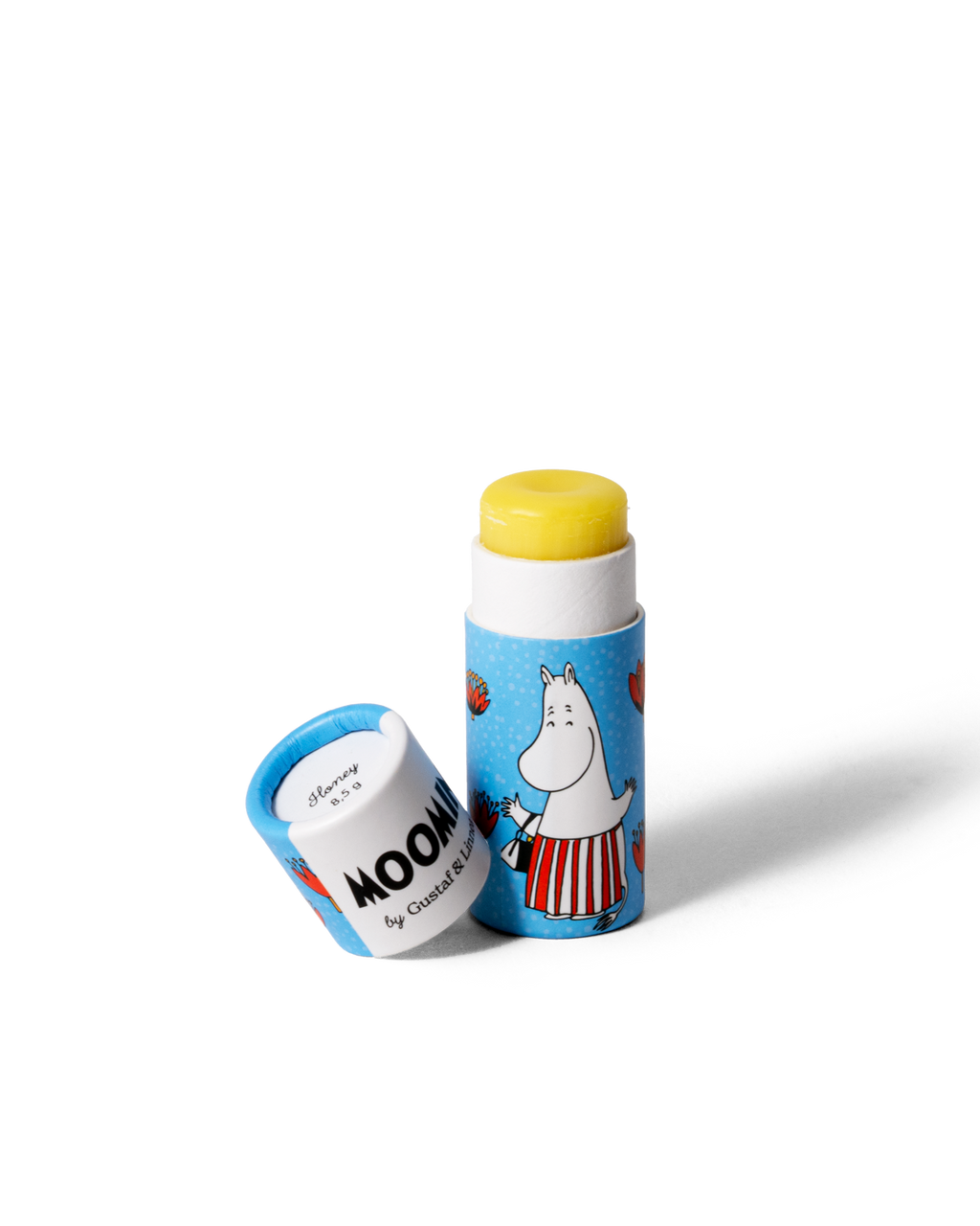 Läppcerat med Muminmamma-motiv, öppnad förpackning med synligt cerat