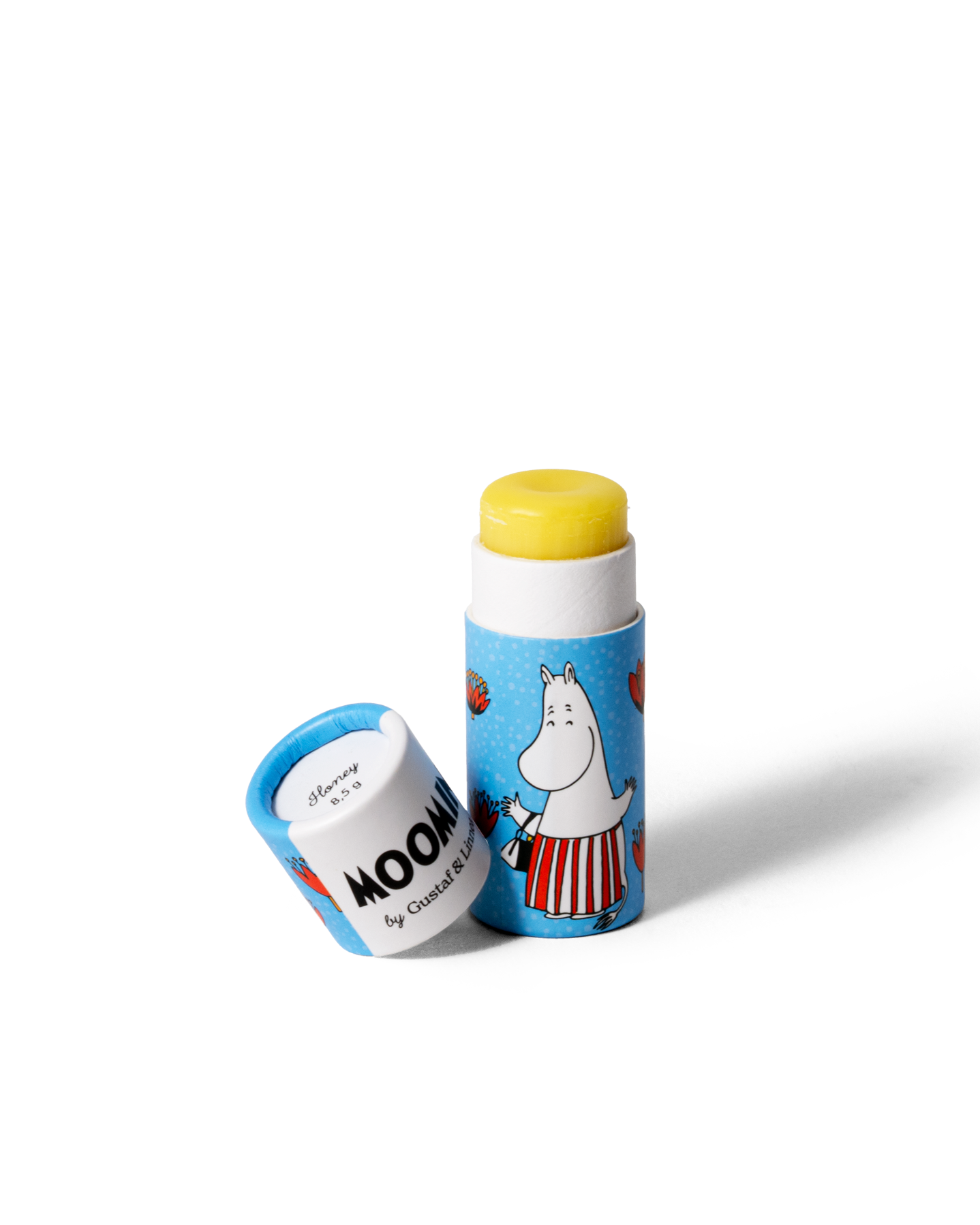 Läppcerat med Muminmamma-motiv, öppnad förpackning med synligt cerat