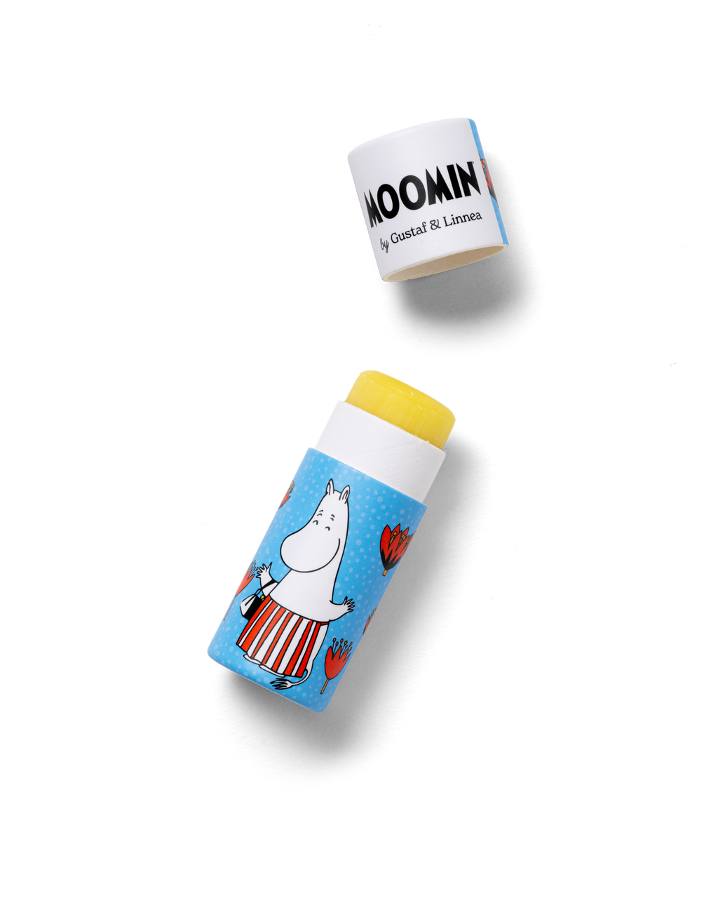 Läppcerat med Muminmamma-illustration och avtaget lock
