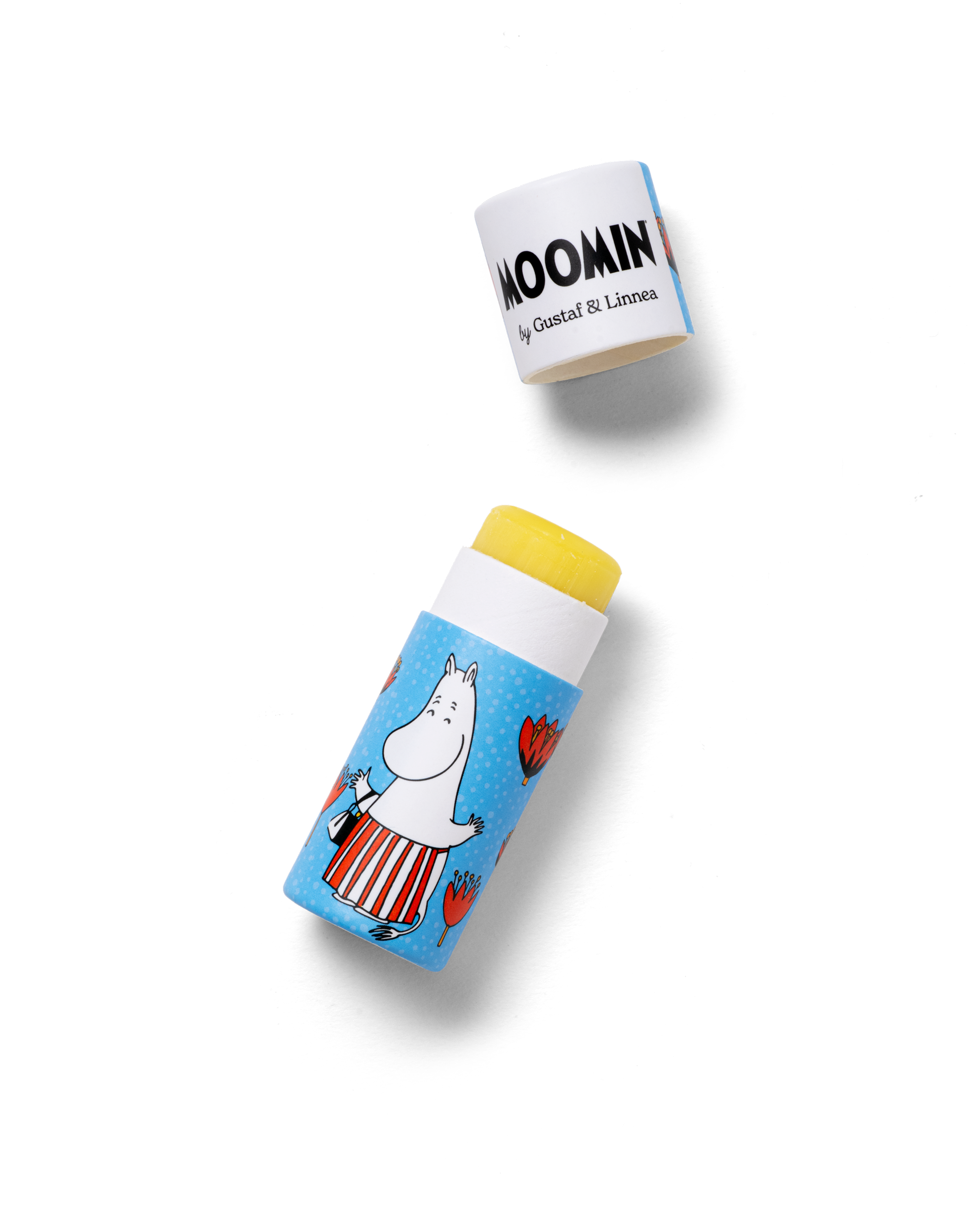 Läppcerat med Muminmamma-illustration och avtaget lock