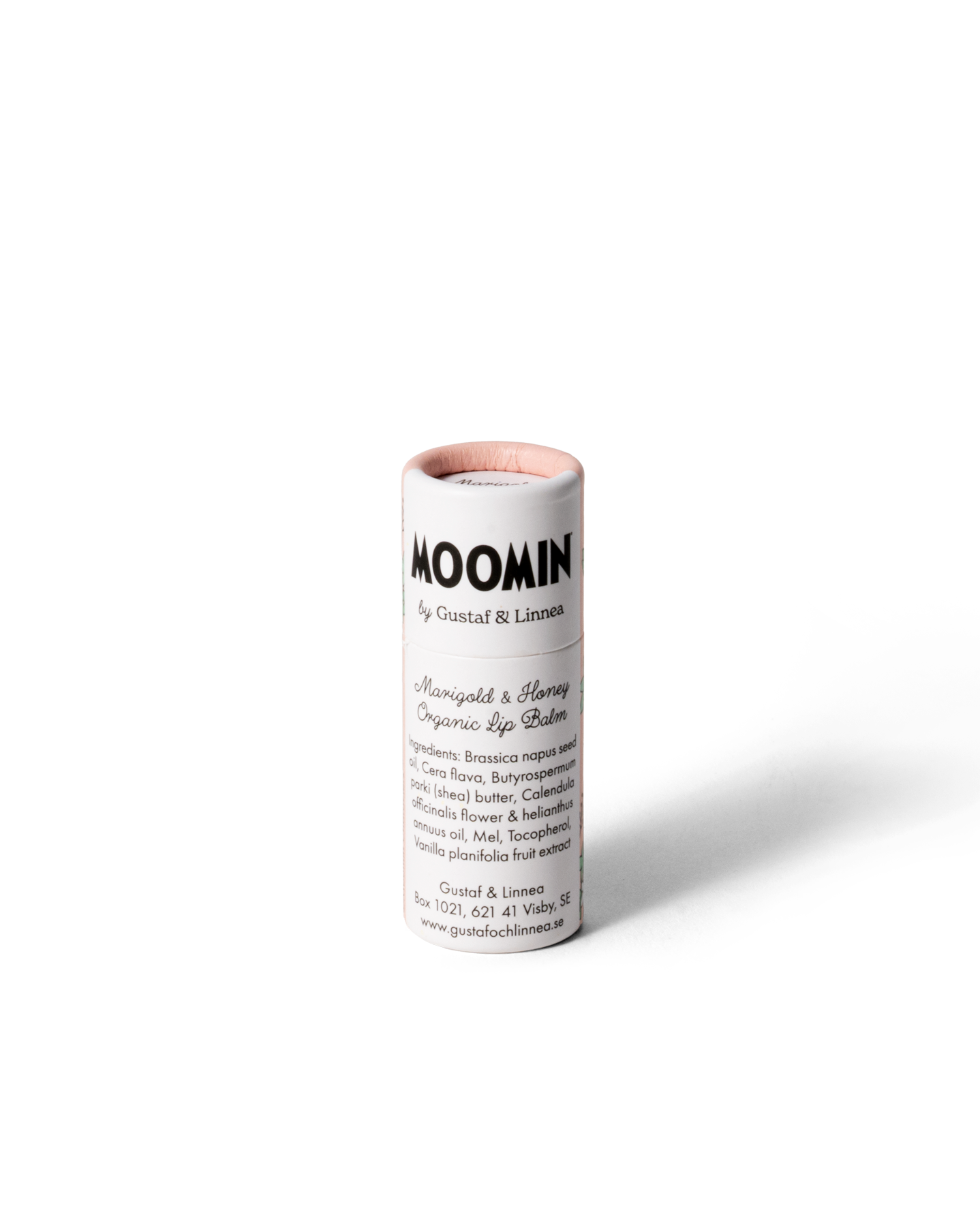 Baksida av förpackning för läppcerat Mumin Sniff