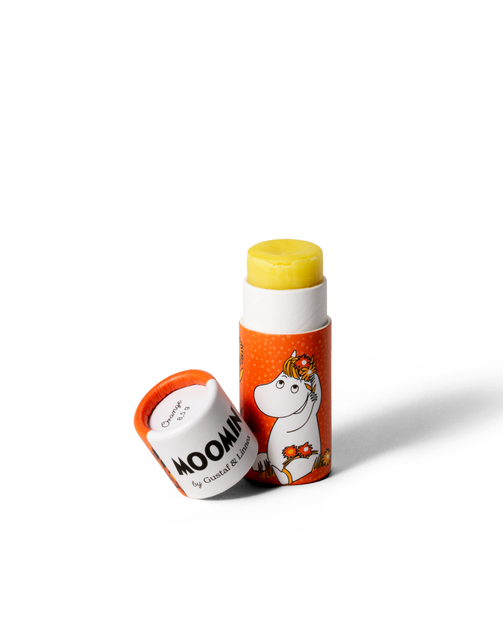 Muminläppcerat Snorkfröken öppnat, apelsinläppbalsam synligt