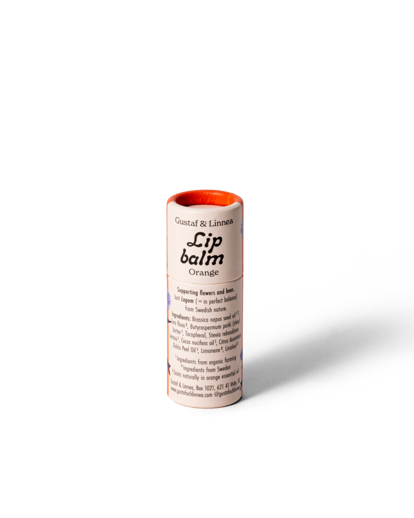 Närbild på läppcerat Orange från Gustaf & Linnea, handgjort med naturliga ingredienser.