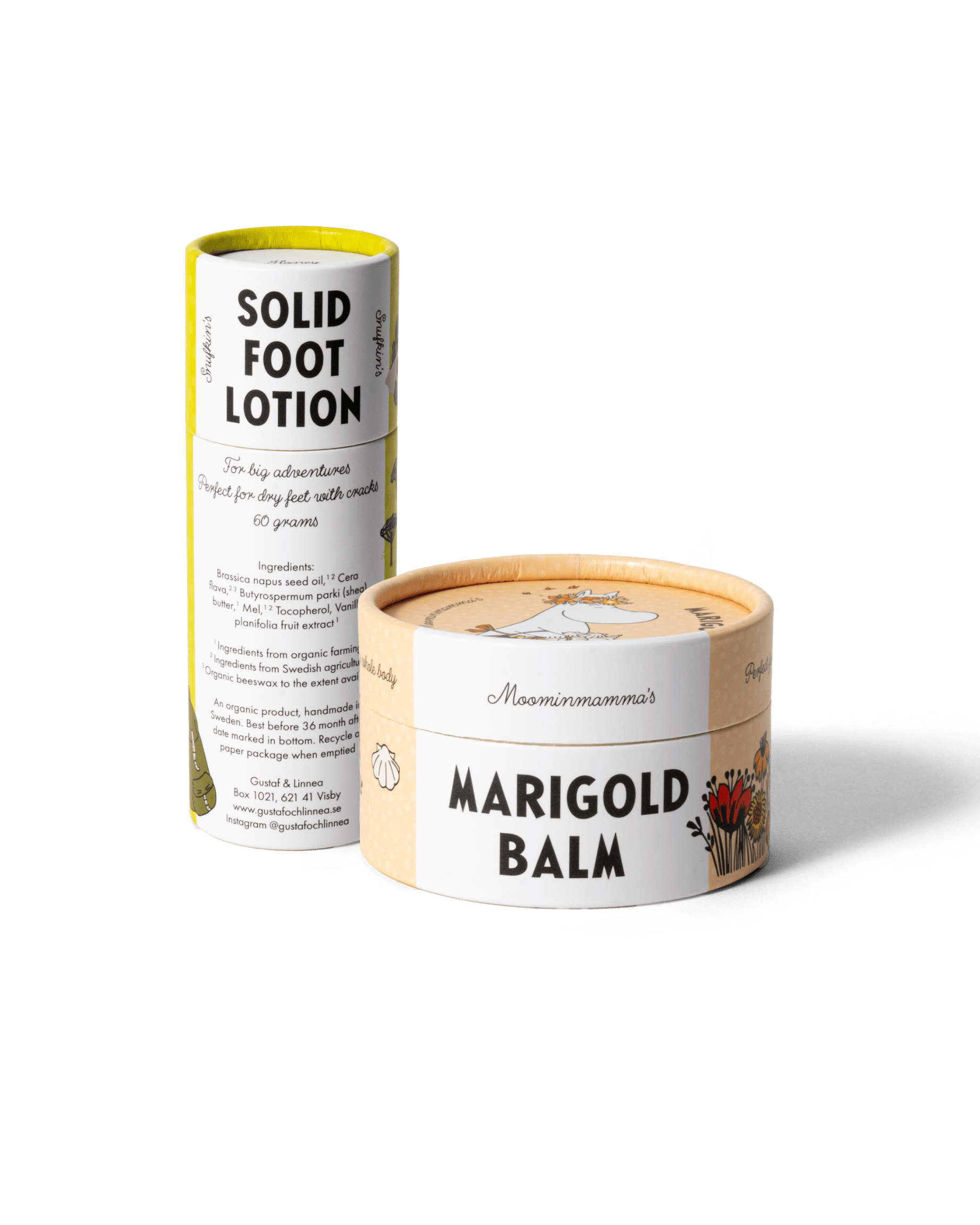 produktkit med en rringblomssalva och ett fotstift. Båda produkterna har mumin motiv