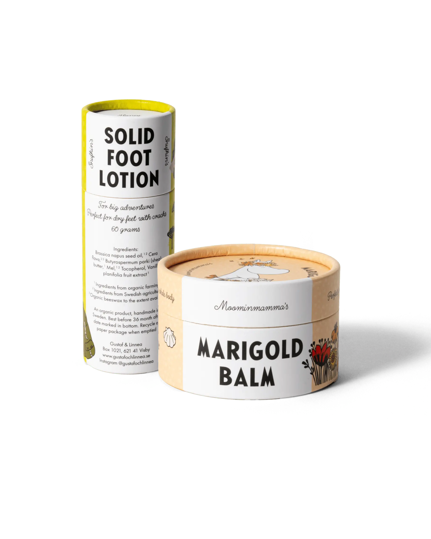 produktkit med en rringblomssalva och ett fotstift. Båda produkterna har mumin motiv